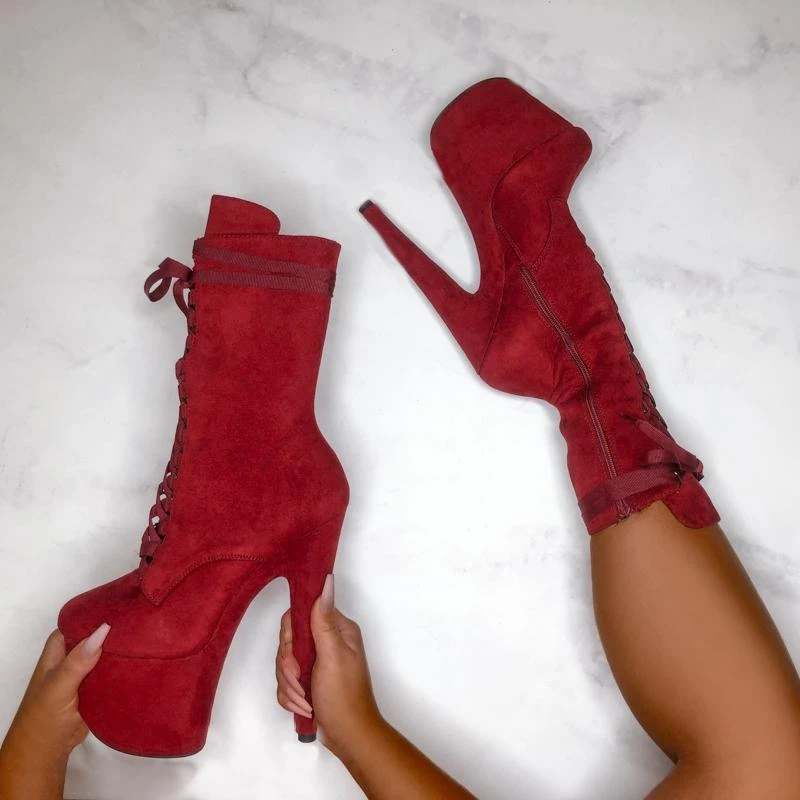 Hella Heels High BabyDoll 7inch Boots - Dark Red - Image 3