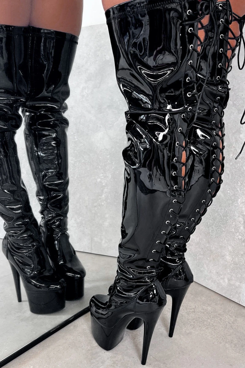 Hella Heels LipKit Thicc Thigh High Back Lace 7inch Boots - Black Beatle - Image 3