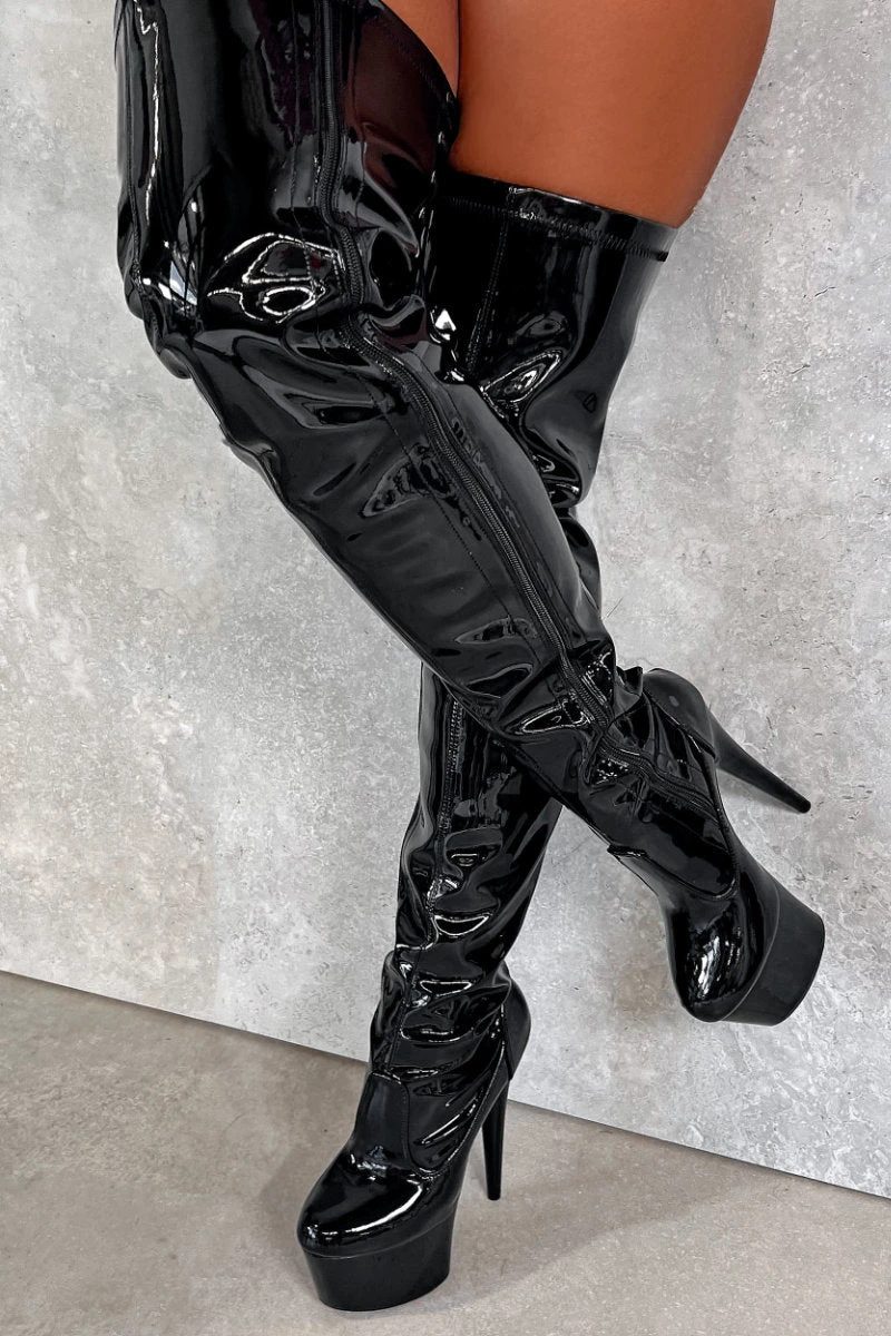 Hella Heels LipKit Thicc Thigh High Back Lace 7inch Boots - Black Beatle - Image 5