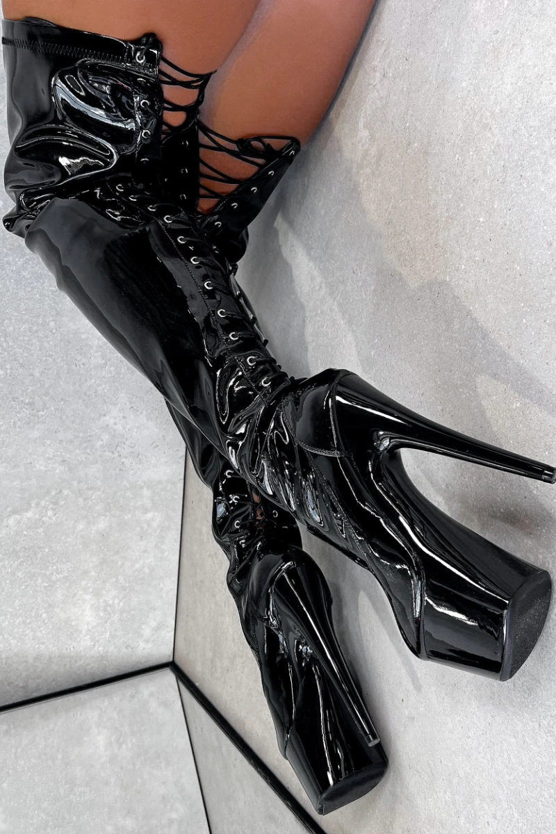 Hella Heels LipKit Thicc Thigh High Back Lace 7inch Boots - Black Beatle - Image 2