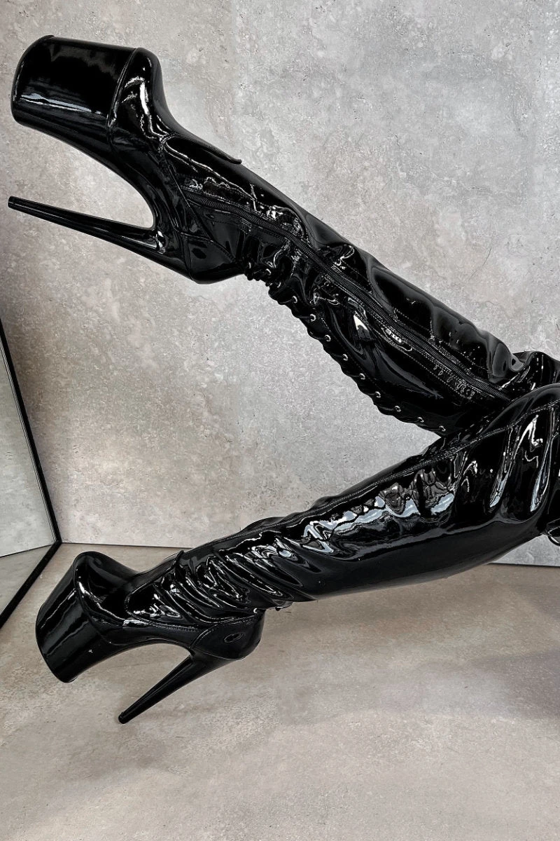 Hella Heels LipKit Thicc Thigh High Back Lace 8inch Boots - Black Beatle - Image 2