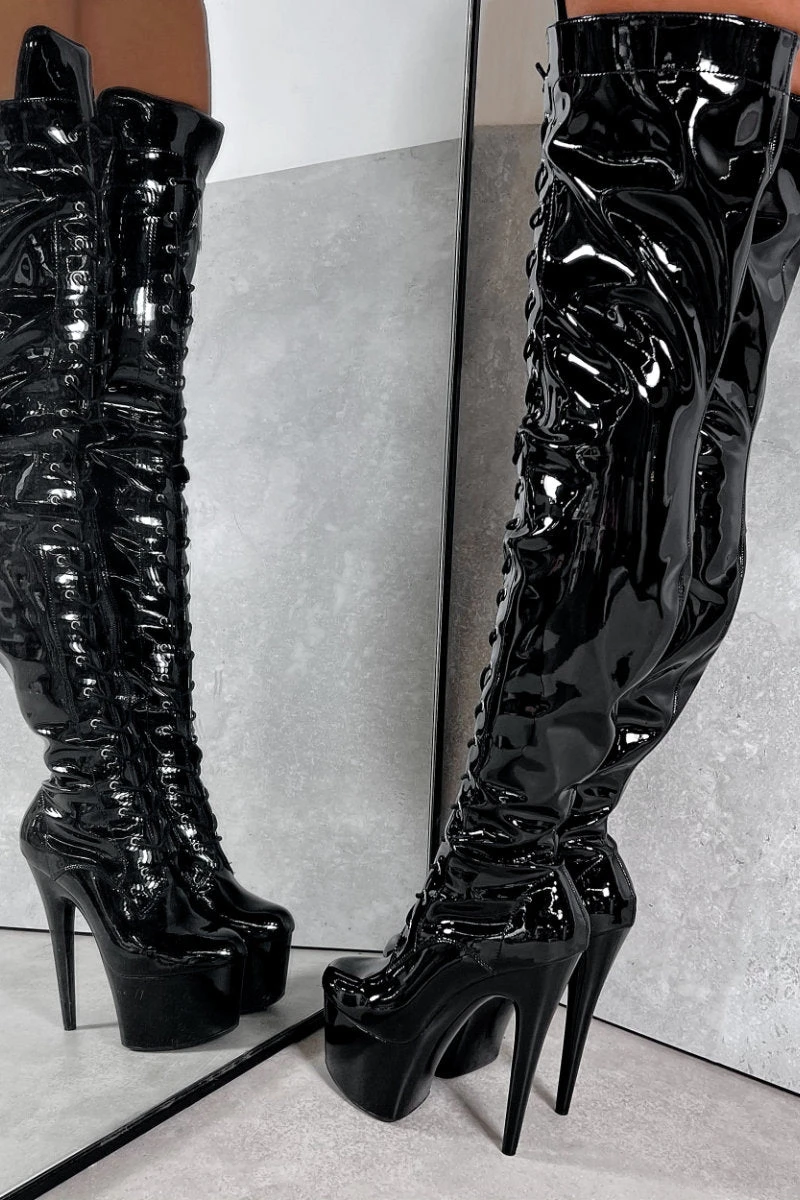 Hella Heels LipKit Thigh High Front Lace 7inch Boots - Black Beatle - Image 3