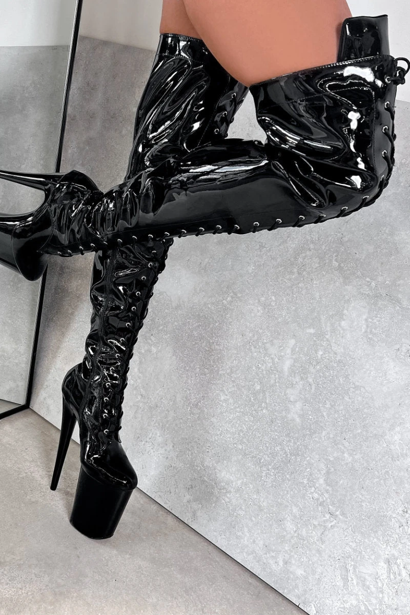 Hella Heels LipKit Thigh High Front Lace 8inch Boots - Black Beatle - Image 4