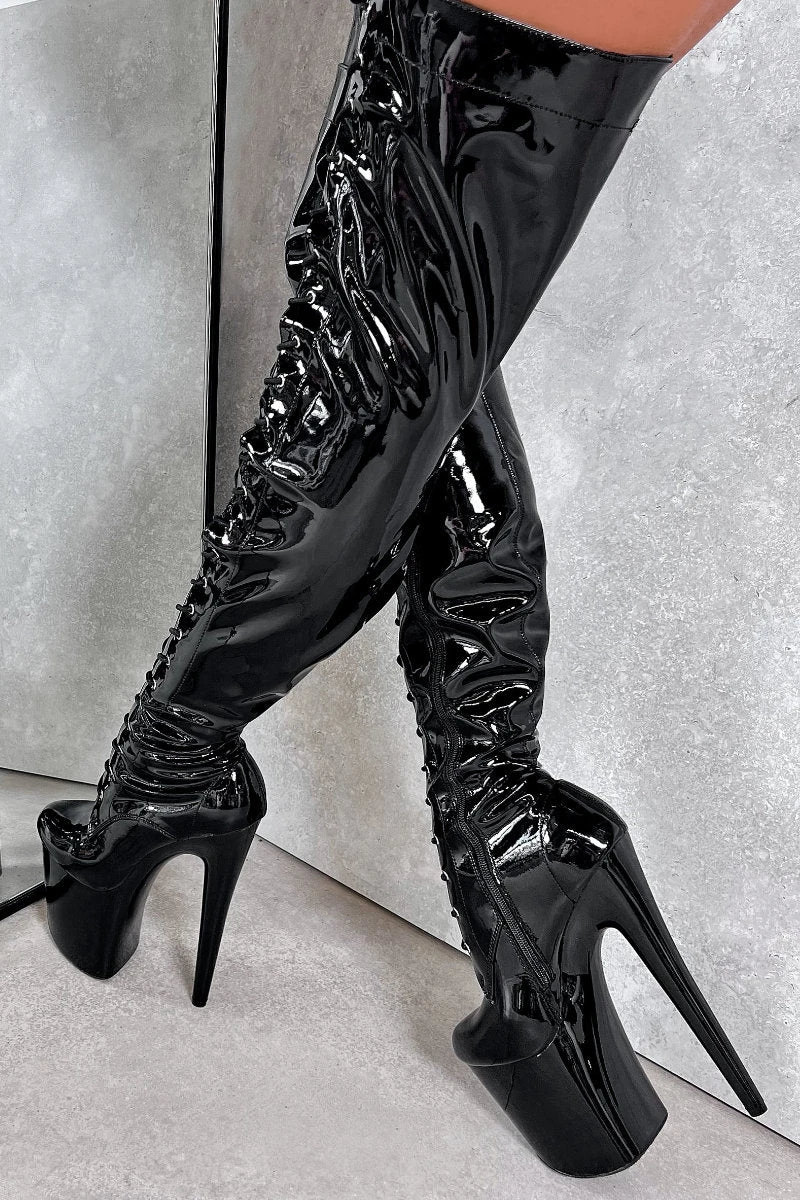 Hella Heels LipKit Thigh High Front Lace 8inch Boots - Black Beatle - Image 3