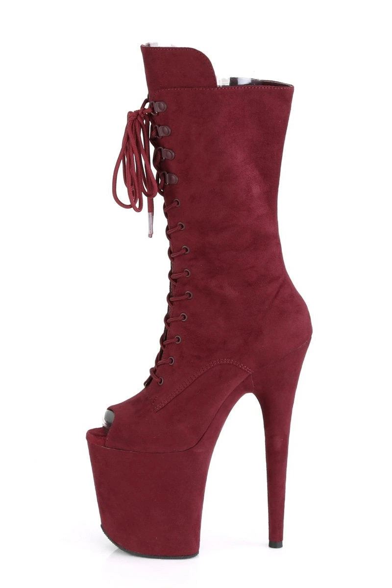 Pleaser USA Flamingo-1051FS Faux Suede 8inch Peep Toe Pleaser Boots - Burgundy - Image 4