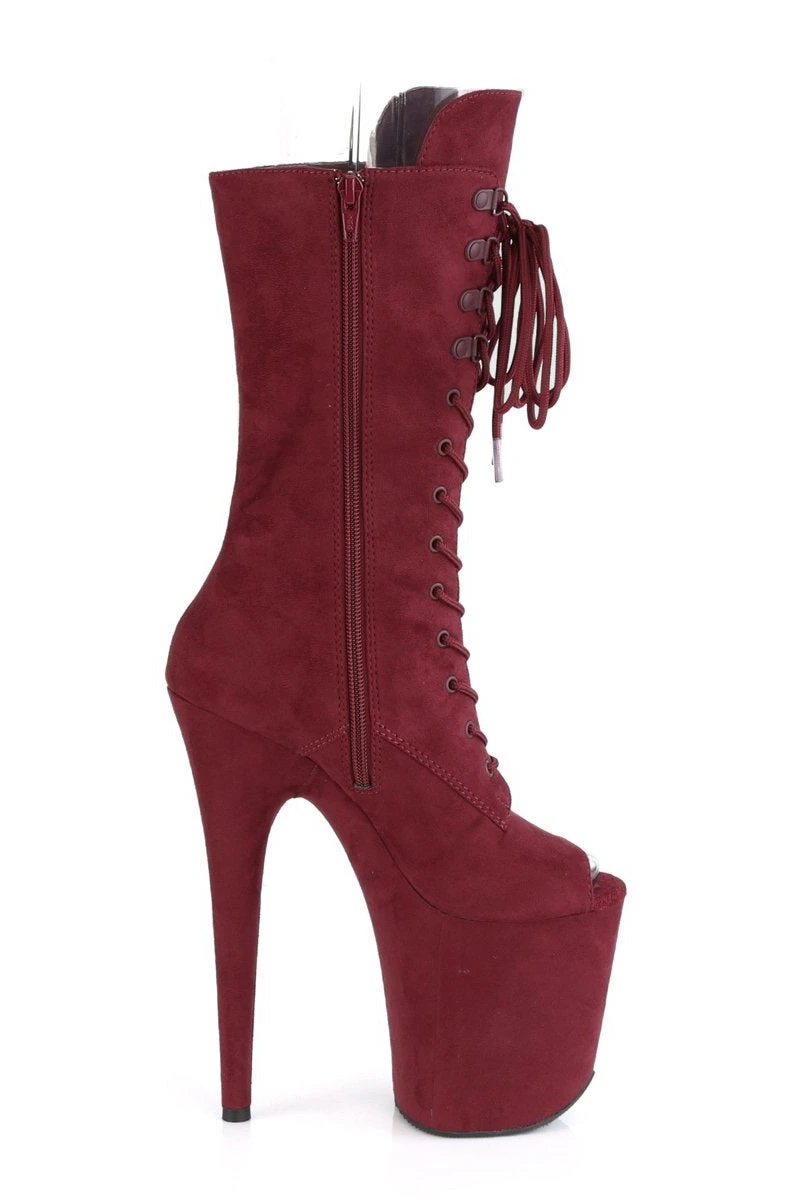 Pleaser USA Flamingo-1051FS Faux Suede 8inch Peep Toe Pleaser Boots - Burgundy - Image 3