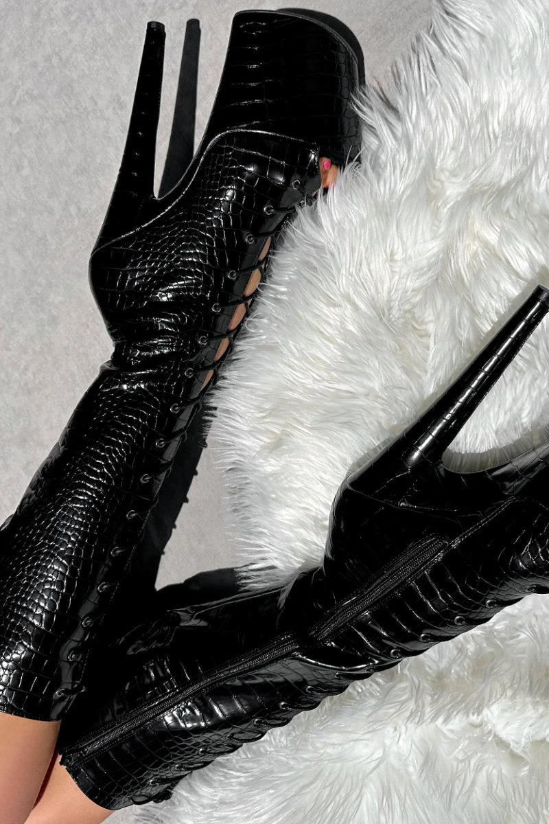 Hella Heels Cold Blooded Black Open Toe Knee High Boots - 8inch - Image 5