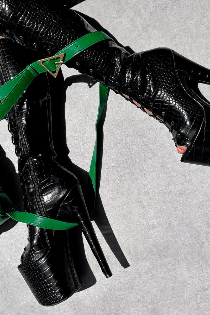 Hella Heels Cold Blooded Black Open Toe Knee High Boots - 8inch - Image 4