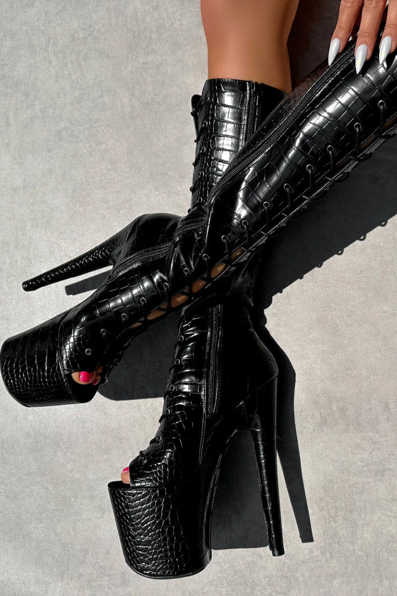 Hella Heels Cold Blooded Black Open Toe Knee High Boots - 8inch