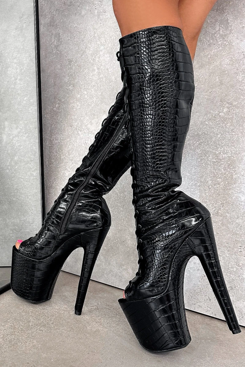 Hella Heels Cold Blooded Black Open Toe Knee High Boots - 8inch - Image 2