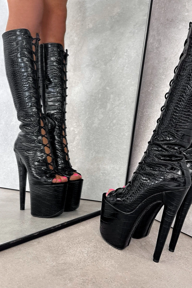 Hella Heels Cold Blooded Black Open Toe Knee High Boots - 8inch - Image 3