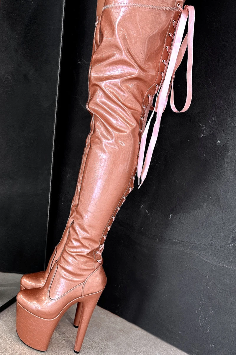 Hella Heels Thigh High 8inch Boots - Rose Gold - Image 4