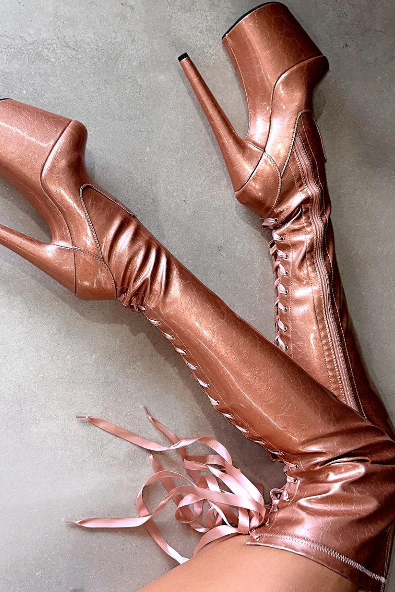 Hella Heels Thigh High 8inch Boots - Rose Gold - Image 3