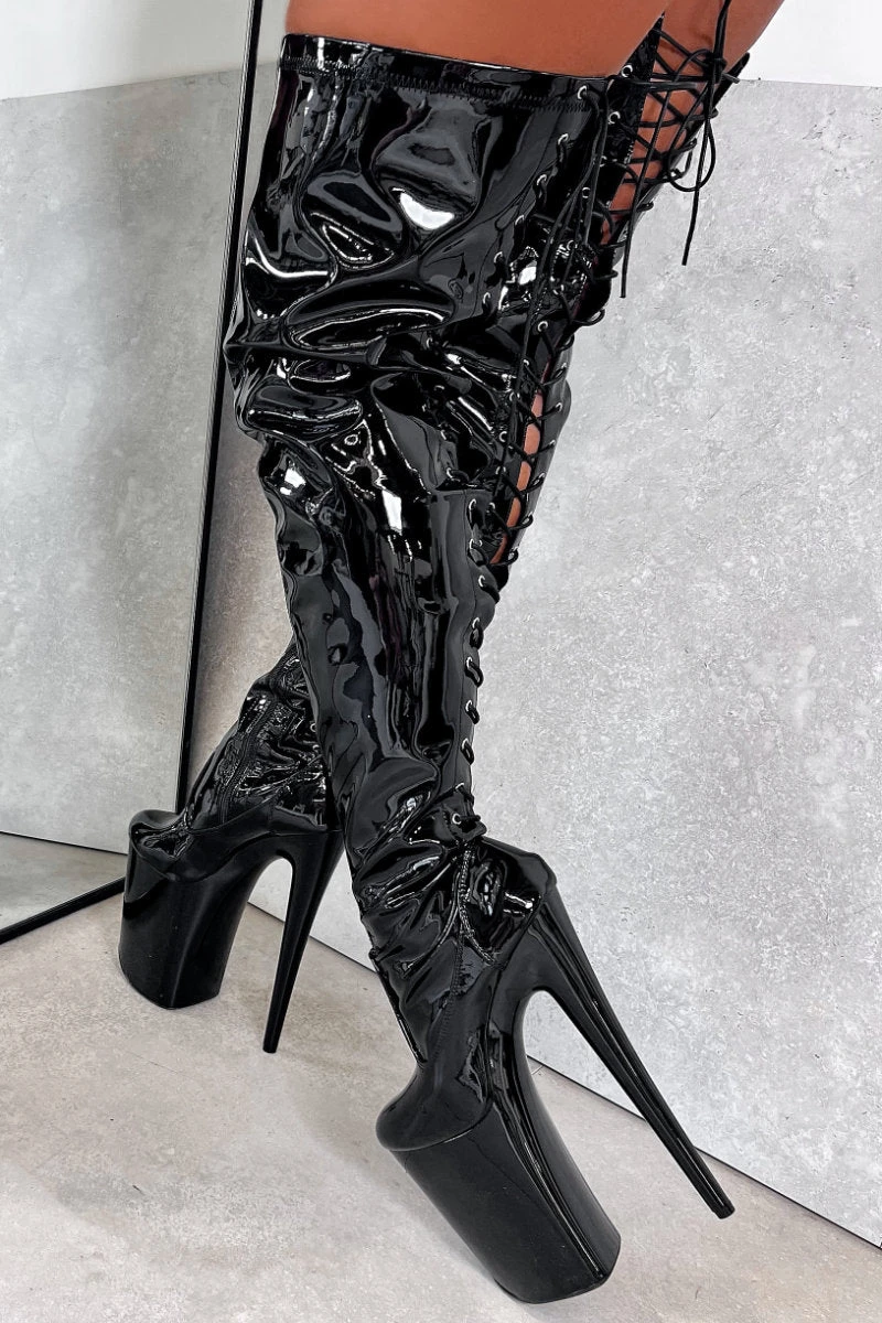 Hella Heels LipKit Thicc Thigh High Back Lace 9inch Boots - Black Beatle - Image 3