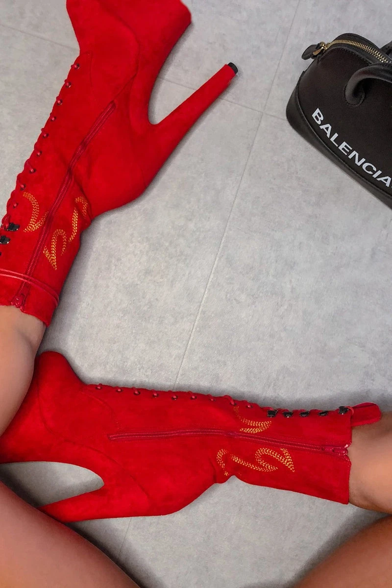 Hella Heels HellGirl Front Lace 7inch Boots - Red/Yellow